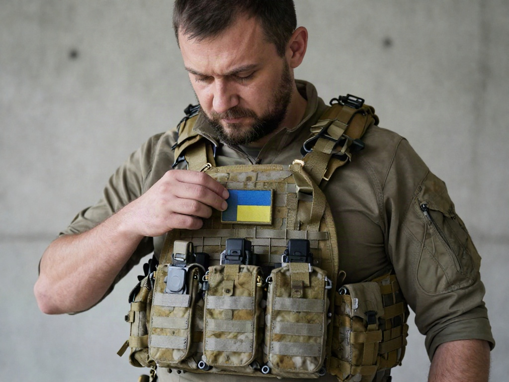 Чоловік у тактичному жилеті перевіряє наповненість кишень