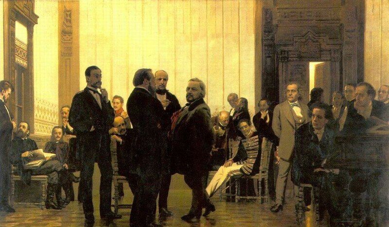 Рубінштейн (праворуч за роялем) на «Портреті російських, польських і чеських композиторів» роботи Рєпіна